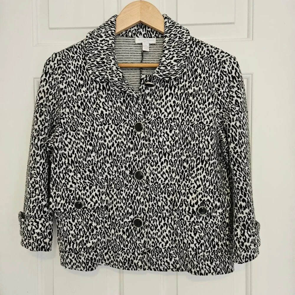 Charter Club Gray Leopard Animal Print Women's Jacket Petite Small w/Buttons